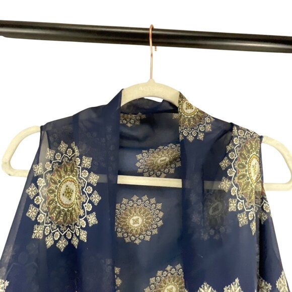 SAX Womens Sheer Vest Mandala Print Navy Blue Yellow Acrylic Open Front Bohemian - Picture 6 of 9